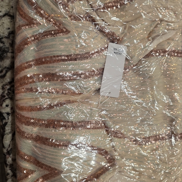 Champagne and Gold,  V Neck,  Striped,  Contrast Sequined Mermaid Gown - Picture 12 of 13